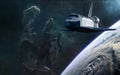 Space shuttle, planet on background of the Pillars of Creation. Beauty of deep space. Science fiction Royalty Free Stock Photo