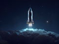 Space shuttle rocket in deep space with clouds and Earth planet. Spaceship on orbit of the planet. Sci-fi space Royalty Free Stock Photo