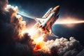 Space shuttle rocket launch in clouds with stars in outer space. Spaceship in outer space. Ai generated Royalty Free Stock Photo