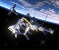 Space Shuttle And Space Station Orbiting Earth