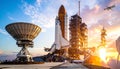 Space shuttle launch with satellite dish and aircraft Royalty Free Stock Photo