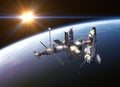 Space Shuttle And Space Station In The Rays Of Sun Royalty Free Stock Photo