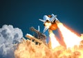 Space shuttle takes off on background of blue sky