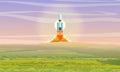 The space shuttle takes off over a green meadow. Space rocket launch. Landfill. Space travel.