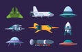 Space shuttles. Rockets and alien ufo jet shuttle universe flying futuristic planers garish vector flat collection