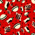 Space: space rockets, flying saucers, planets on the red background. Seamless pattern. Royalty Free Stock Photo