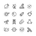 Space, spaceship, comet and astronomy vector line icons