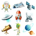 Space, spaceship, planet, spaceman, ufo and satellite. 3d vector icon set Royalty Free Stock Photo