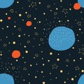 Space with stars and planets - seamless pattern. Illustration for wallpapers, cards, banners, textile, prints.