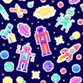 Space stars Seamless pattern. Alien spaceman, robot rocket and satellite cubes solar system planets pixel art, digital Royalty Free Stock Photo