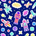 Space stars Seamless pattern. Alien spaceman, robot rocket and satellite cubes solar system planets pixel art, digital Royalty Free Stock Photo