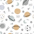 Space and stars seamless pattern for kids. Hand drawn stars background in cartoon style Royalty Free Stock Photo