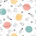 Space and stars seamless pattern for kids. Hand drawn stars background in cartoon style Royalty Free Stock Photo