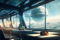 space station cafe interior with large transparent windows with cloudy atmosphere behind in sci-fi futuristic style Royalty Free Stock Photo