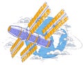 Space station flying orbital spaceflight around earth, spacecraft spaceship iss with solar panels, artificial satellite. Thin lin Royalty Free Stock Photo