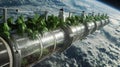 A space station greenhouse orbits Earth, plants bask in sunlight.