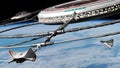 Space station in orbit of planet Earth with docked spaceship 3d science fiction background illustration, elements of this image