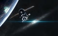 Space station in orbit of the planet. Galaxy disc somewhere in deep space