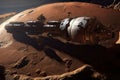 space station orbiting the red planet, with view of the rocky surface and distant stars Royalty Free Stock Photo