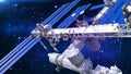 Space station, satellite with solar panels, space base in the universe, close up view, 3D render