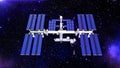 Space station, satellite with solar panels, space base in the universe, top view, 3D render