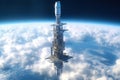 A Space station or space elevator. A large tower.illustration. AI generative