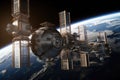 space station, with view of earth and stars beyond, serving as base for exploration