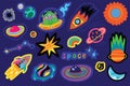 Space sticker collection with planets, rockets and stars in the night