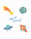 Set of Space stickers with planet, rocket, comet and UFO ship on a white background