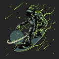 Space surfer astronaut vector illustration. Engraving cool dude on space surfboard surfing between stars planets galaxies. Good
