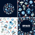 Space symbols bundle. astronaut, alien character moonwalkers rocket planet moon telescope and spiceman