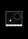 Space t-shirt and apparel design. Grid with space objects, Black Hole and planet with orbit, and title SPACE. Black and