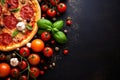 cheese food italian meal space fast copy food black background pizza tomato sauce. Generative AI.