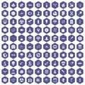 100 space technology icons hexagon purple