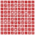 100 space technology icons set grunge red