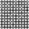 100 space technology icons set black circle