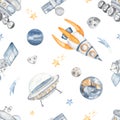 Space watercolor seamless pattern with space technology, lunar rover, satellite, rocket, planets, comet Royalty Free Stock Photo