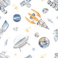 Space watercolor seamless pattern with space technology, lunar rover, satellite, rocket, planets, comet