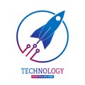 Space technology. The rocket breaks out of the circle. Vector illustration for a logo, sticker, or emblem