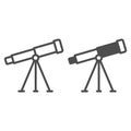 Space telescope line and solid icon, Cosmos observe concept. Vector graphics. Telescope tripod sign on white background