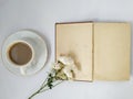 Template white flower on opened old book space for the text on white background Royalty Free Stock Photo