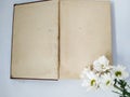 Template white flower on opened old book space for the text on white background Royalty Free Stock Photo