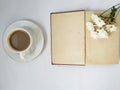 Template white flower on opened old book space for the text on white background Royalty Free Stock Photo