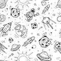 Space texture with planets, stars, spaceships. vector seamless doodle pattern