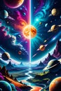 The space theme in cartoon style, with beautiful planets arounds, clouds, outter space landscape, aesthetic, unique patterns Royalty Free Stock Photo