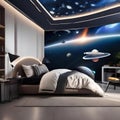 A space-themed bedroom with cosmic wallpaper, starry ceiling, and spaceship-inspired furniture2