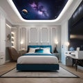 A space-themed bedroom with cosmic wallpaper, starry ceiling, and spaceship-inspired furniture5 Royalty Free Stock Photo