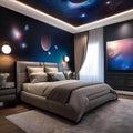 A space-themed bedroom with cosmic wallpaper, starry ceiling, and spaceship-inspired furniture1