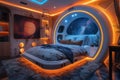 Space-themed bedroom with galaxy murals spaceship bed Royalty Free Stock Photo