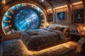 Space-themed bedroom with galaxy murals spaceship bed Royalty Free Stock Photo